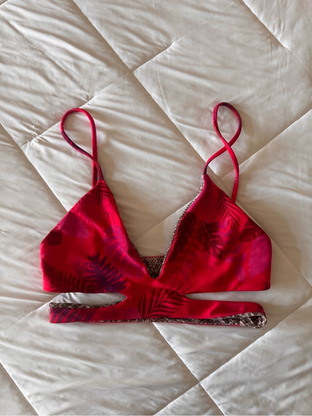 acacia swimwear Red Tropical V-Plunge Cutout Bikini Top